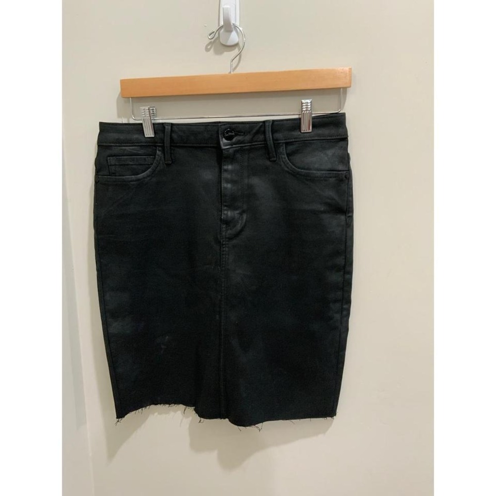 Sam Edelman The‎ Riley Skirt Black Coated Denim Pencil Midi Raw Hem Womens